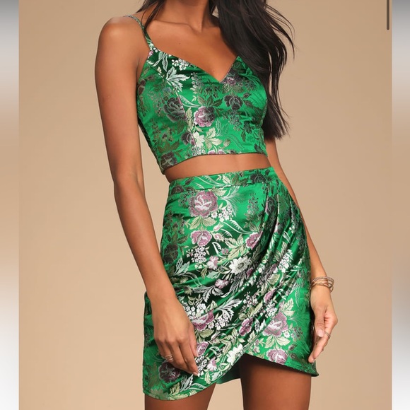Lulus Dresses & Skirts - Sweetly Chic Green Floral Jacquard Two-Piece Mini Dress